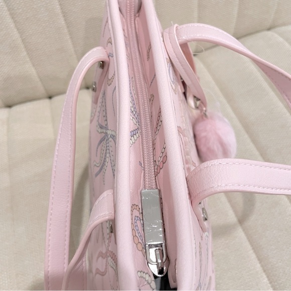 New Luv Betsey Johnson Pink Bow Mini Tote LBKLARA Bag Pom Pom Coquette Feminine - Picture 6 of 9